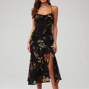 BLACK ORANGE BURNOUT ASTR GAIA FLORAL BURNOUT MIDI DRESS